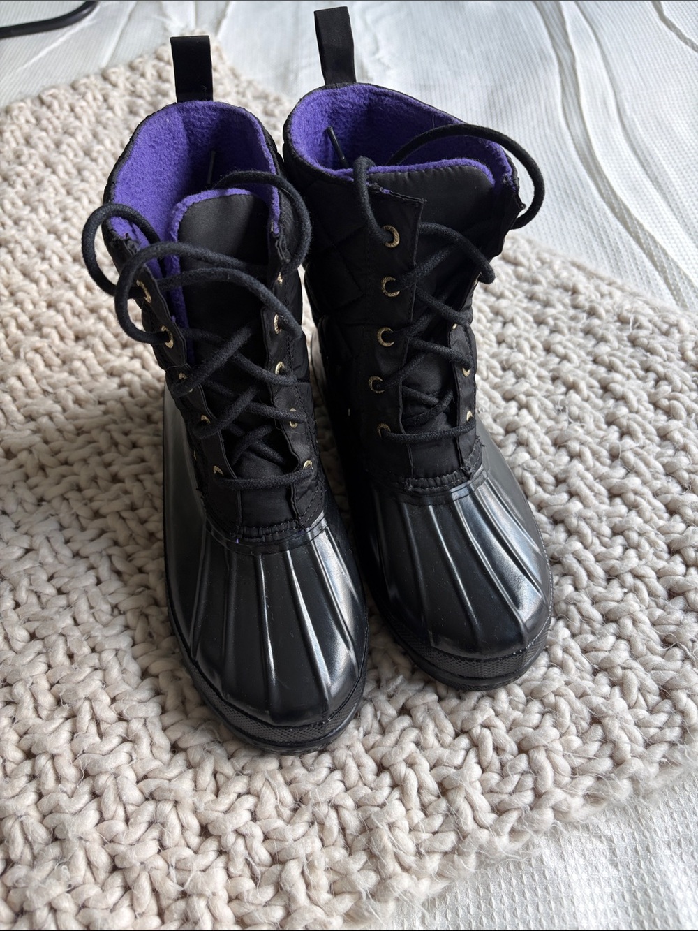 Sperry Black Waterproof Duck Boots with Purple Liner